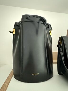 Saint Laurent Black Leather Drawstring Bucket Bag with Gold Hardware